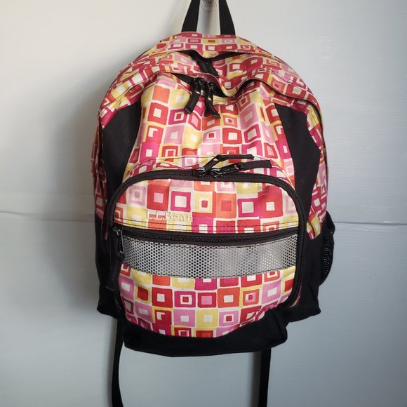 LL BEAN abstract design Backpack pink red yellow white black reflective strip + - Picture 1 of 11